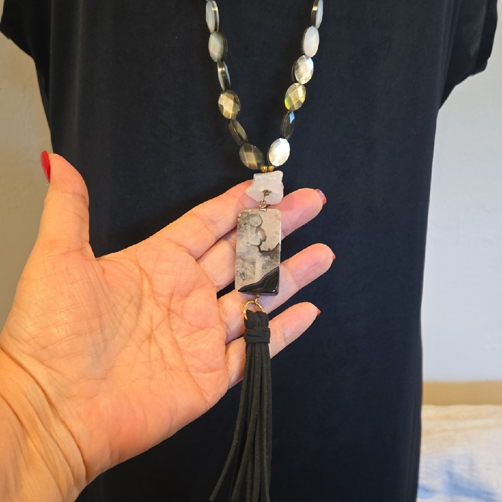 Elegant Black and Gray Genuine Stones Long Beaded Necklace with Tassel